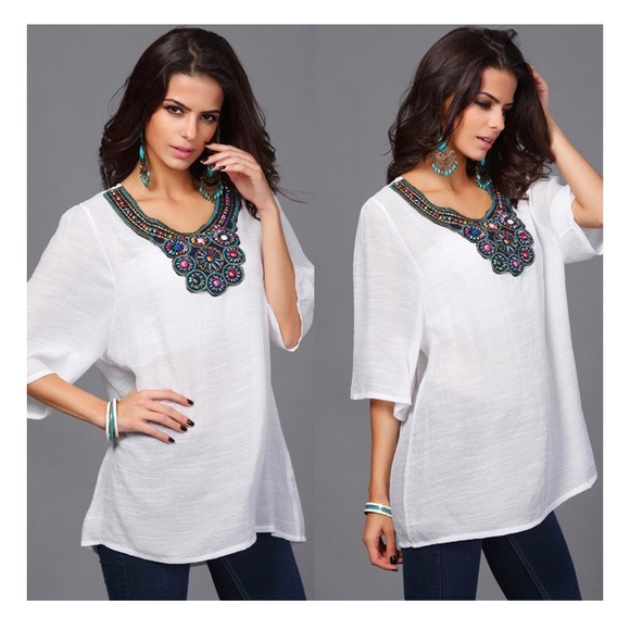 ✨Last One Size L White Beaded & Embroidered Top✨ - Picture 4 of 6